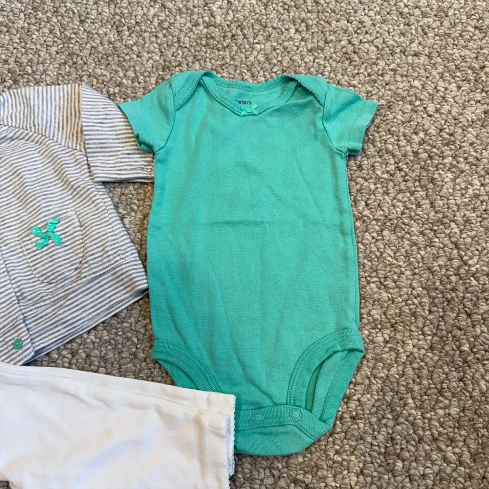 Carters Baby Girls 3 Piece Set Teal Bodysuit Cardigan‎ White Pants Size 3 Months - Picture 2 of 5
